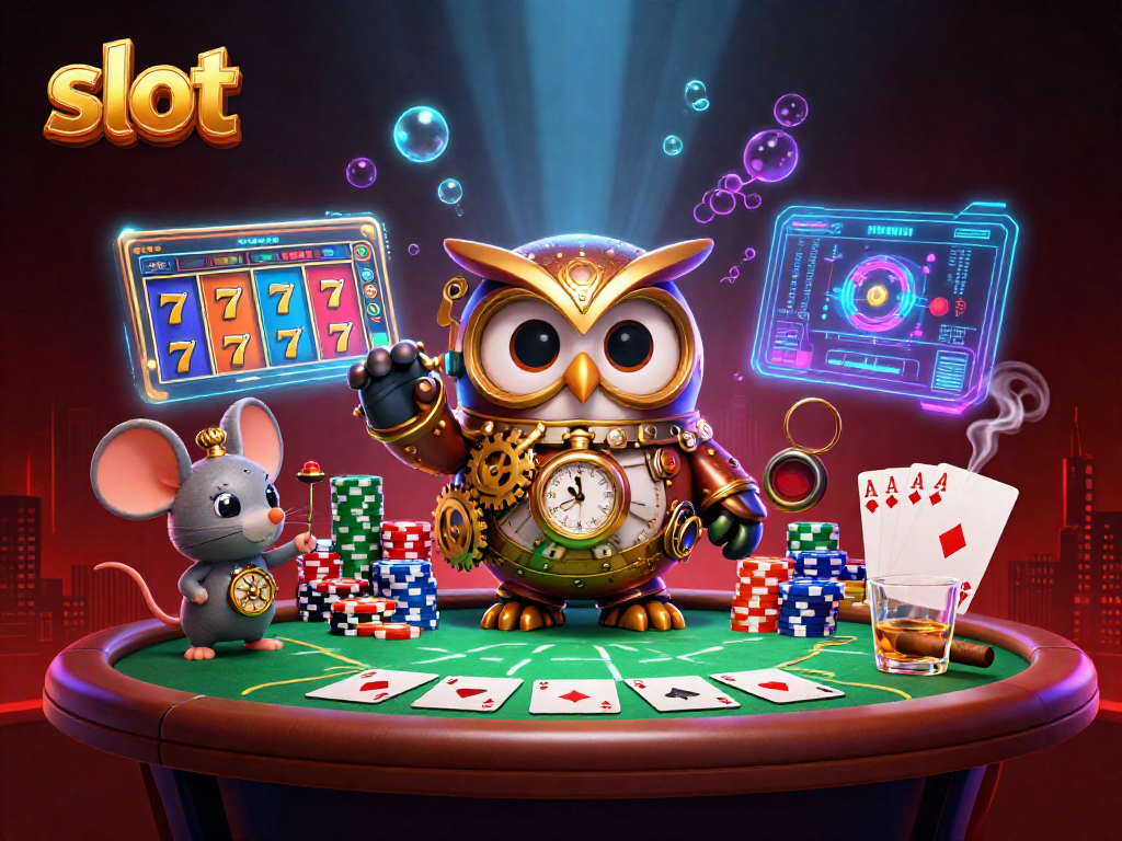 Experience thrilling slot action with a steampunk owl and vibrant game elements in this 3D illustration.