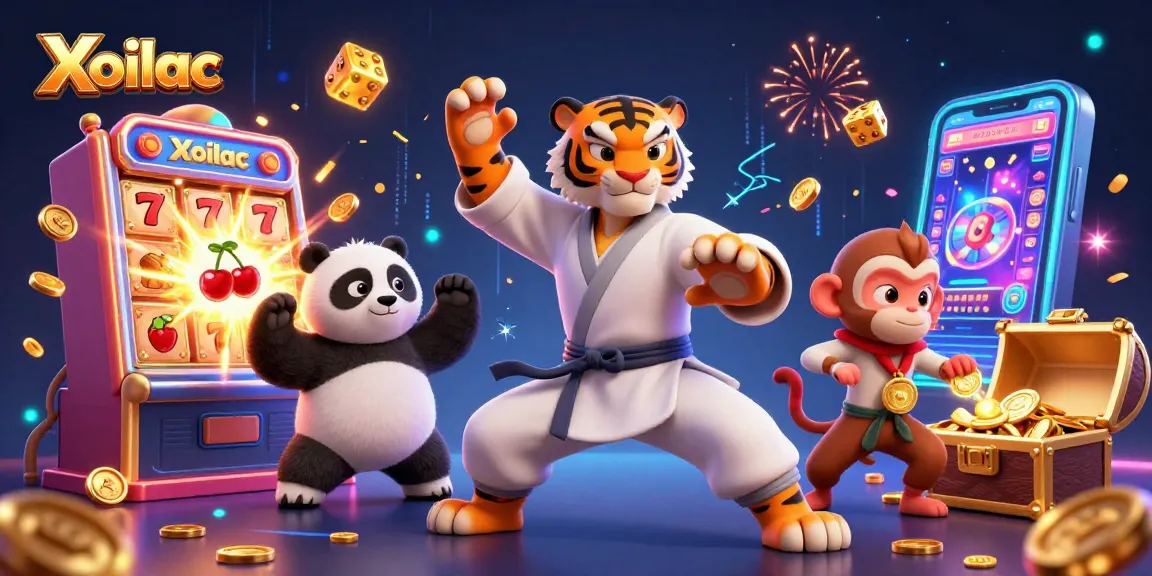 Xoilac showcases a vibrant 3D scene of a kung fu tiger master amidst a jackpot explosion and playful casino elements.