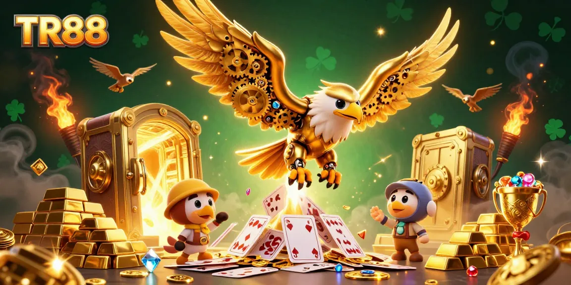 Experience thrilling gameplay with TR88 as a golden eagle and drone falcon soar through a vibrant casino scene.