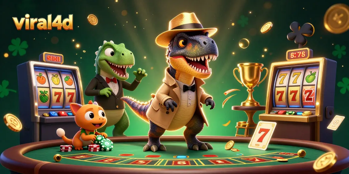 Menangkan permainan slot bersama viral4d dengan karakter dinosaurus yang berinteraksi di meja blackjack dalam suasana yang dinamis.