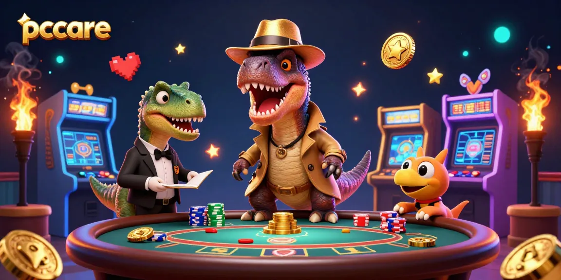 Experience thrilling gaming action at pccare's vibrant casino scene featuring playful dinosaurs.