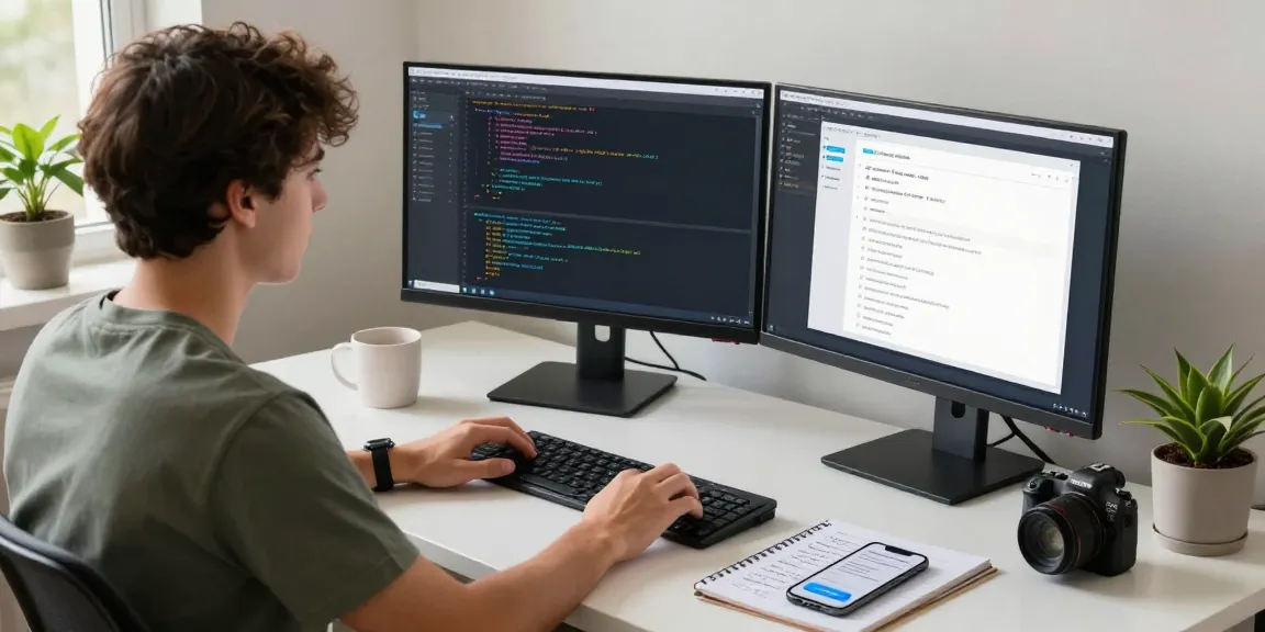 Developer working on telegraimin.com API integration with dual monitors and soft morning light.