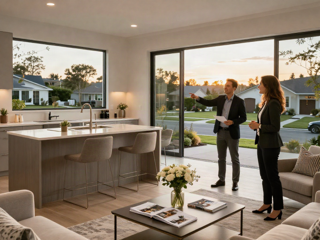 Prospective buyers learning about a luxury property with slot 10k features during sunset.