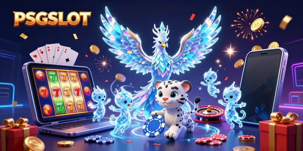 PSGSLOT menghadirkan ilustrasi kasino dengan phoenix es, simbol slot, dan chip poker untuk pengalaman bermain