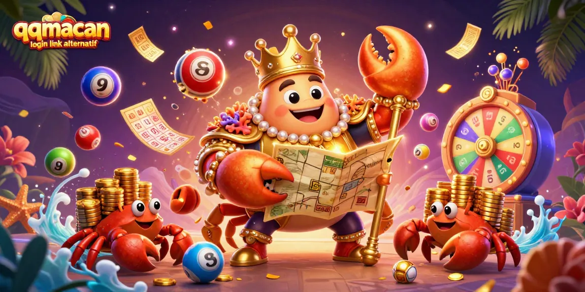 Engage with qqmacan login link alternatif, featuring a golden crab emperor amidst vibrant casino elements.