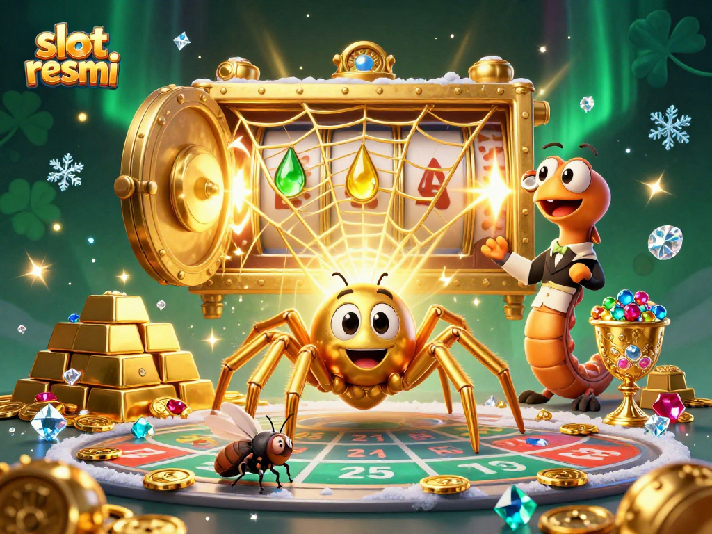 Engage with slot resmi through our thrilling golden web casino scene featuring a fly betting nervously.