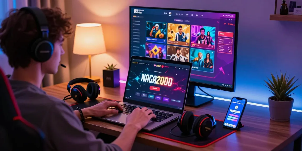 NAGA2000 user logging into the iGaming platform with a stylish home setup, showcasing vibrant gaming atmosphere.