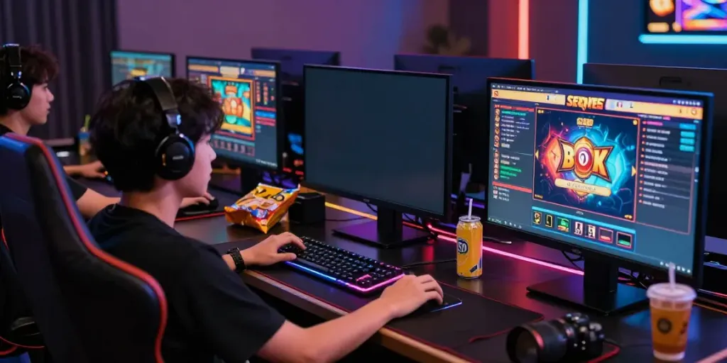 Player immersed in an online slot server thailand game, vibrant graphics and intense focus.