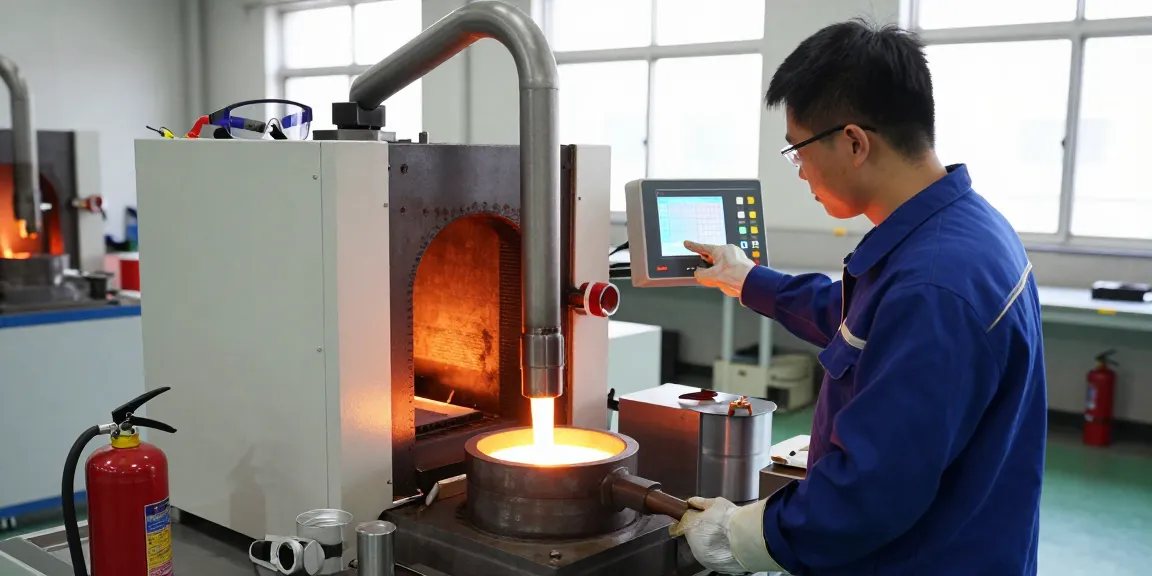 Technician operating an induction furnace with precise temperature control in a workshop.