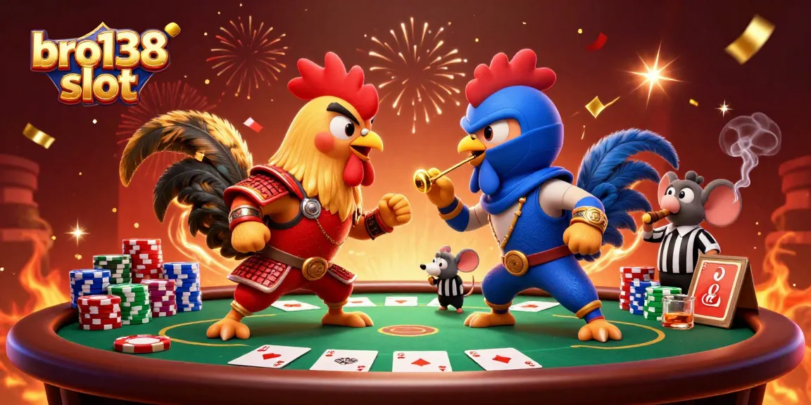 Experience the excitement of bro138 slot with twin fighting roosters and dynamic casino elements.
