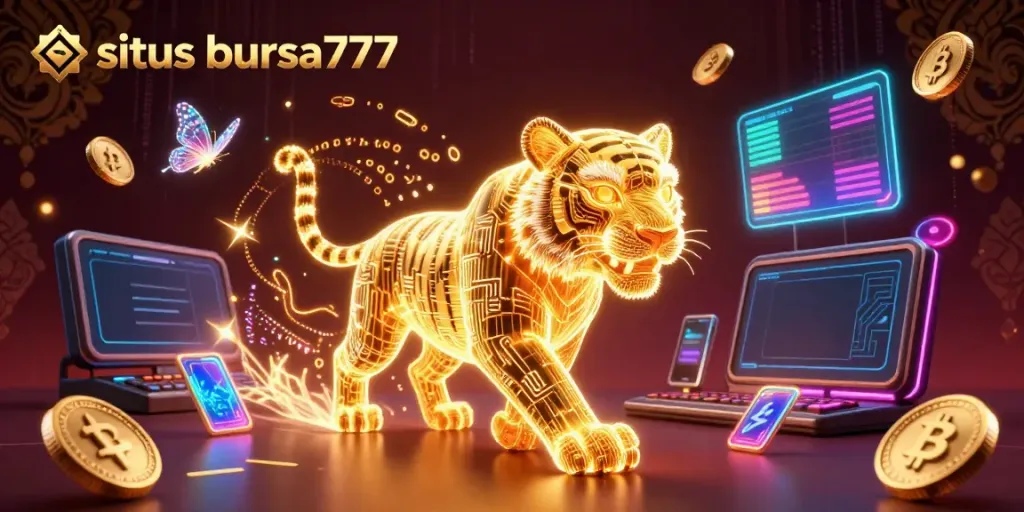 Situs bursa777 saat memasuki dunia kasino berkilau dengan harimau emas dan efek digital yang memukau.