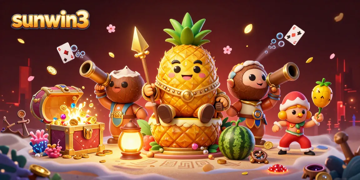Win big with sunwin3 at the vibrant casino, featuring a golden pineapple king and joyful gameplay elements.
