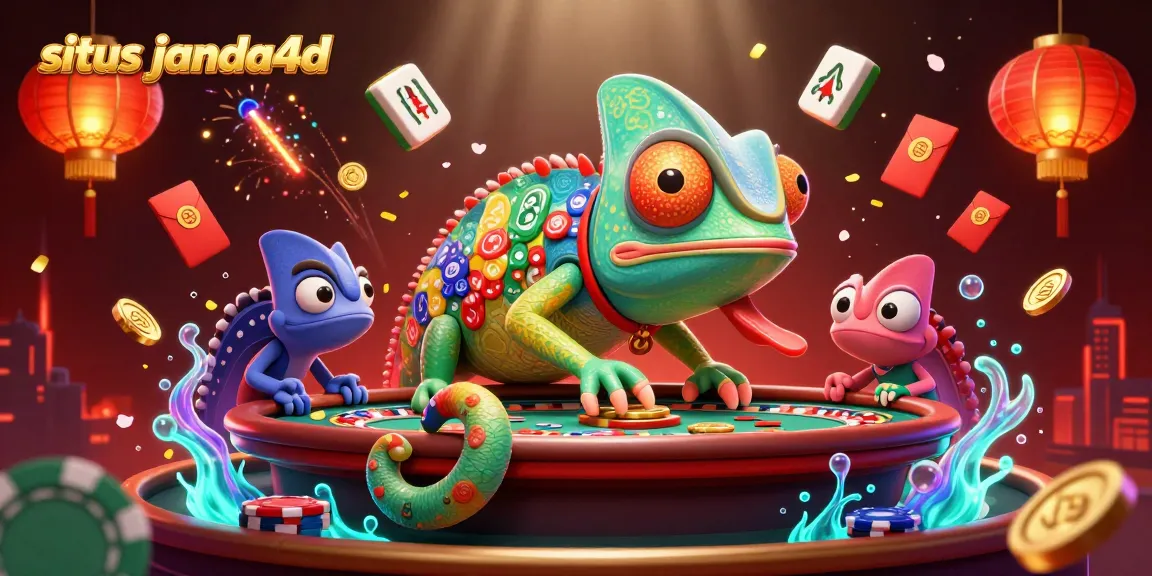 Gambarkan situs janda4d dengan pemilik kasino chameleon 3D besar dan elemen perjudian menarik.