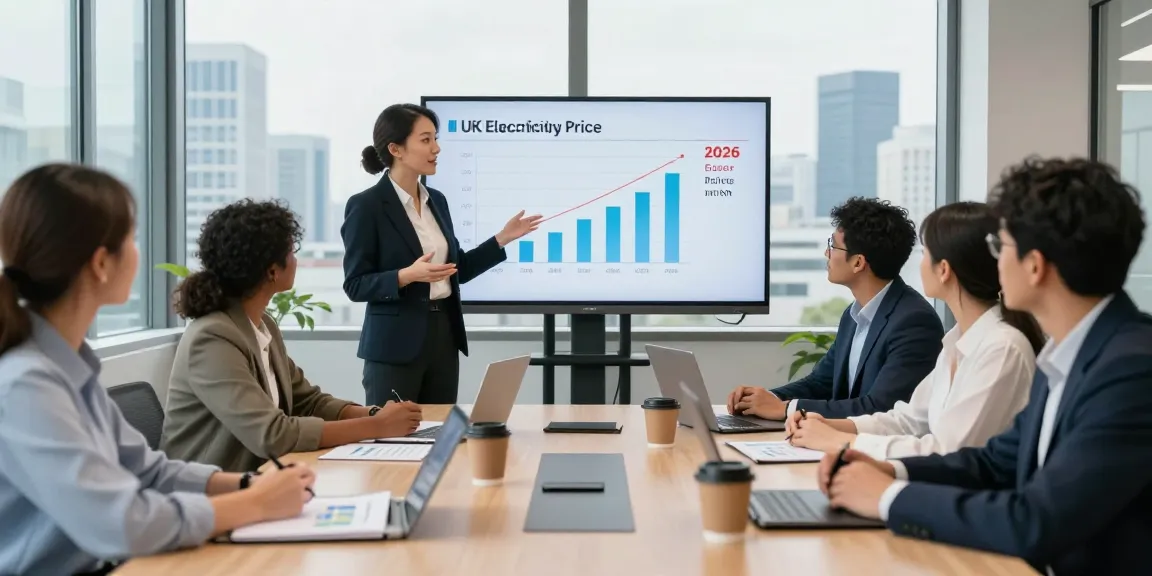 Team discussing uk electricity price per kwh 2026 trends in a modern office setting.