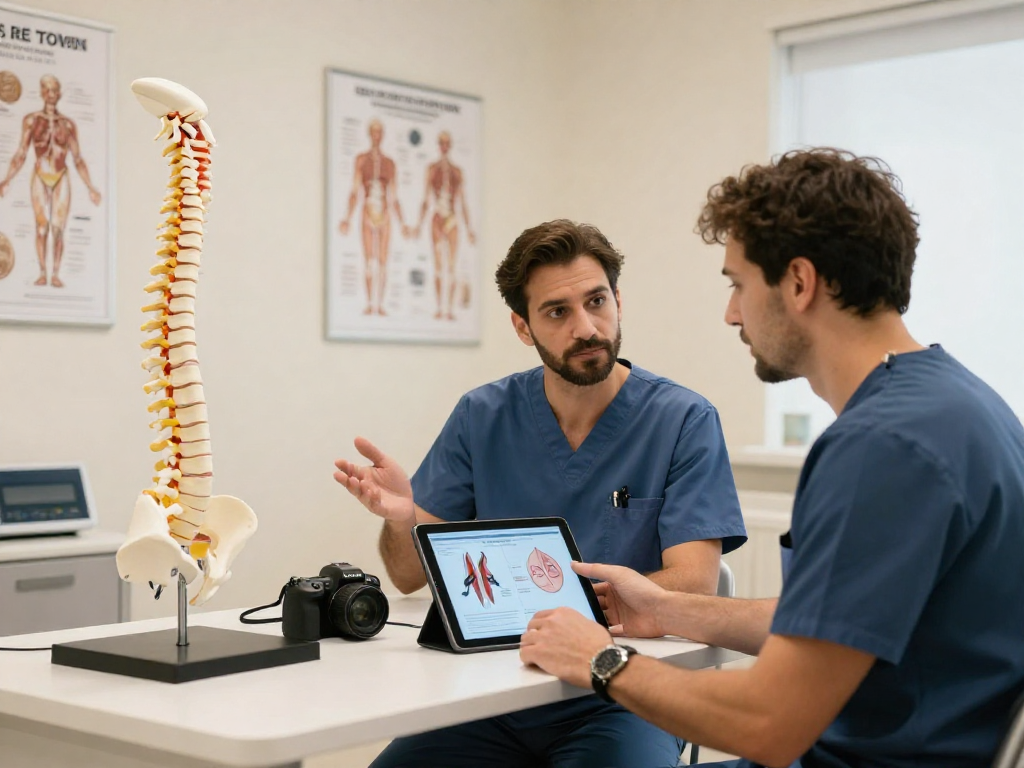 Consultation about Dar kanal ameliyatı in a modern medical office with patient and surgeon.