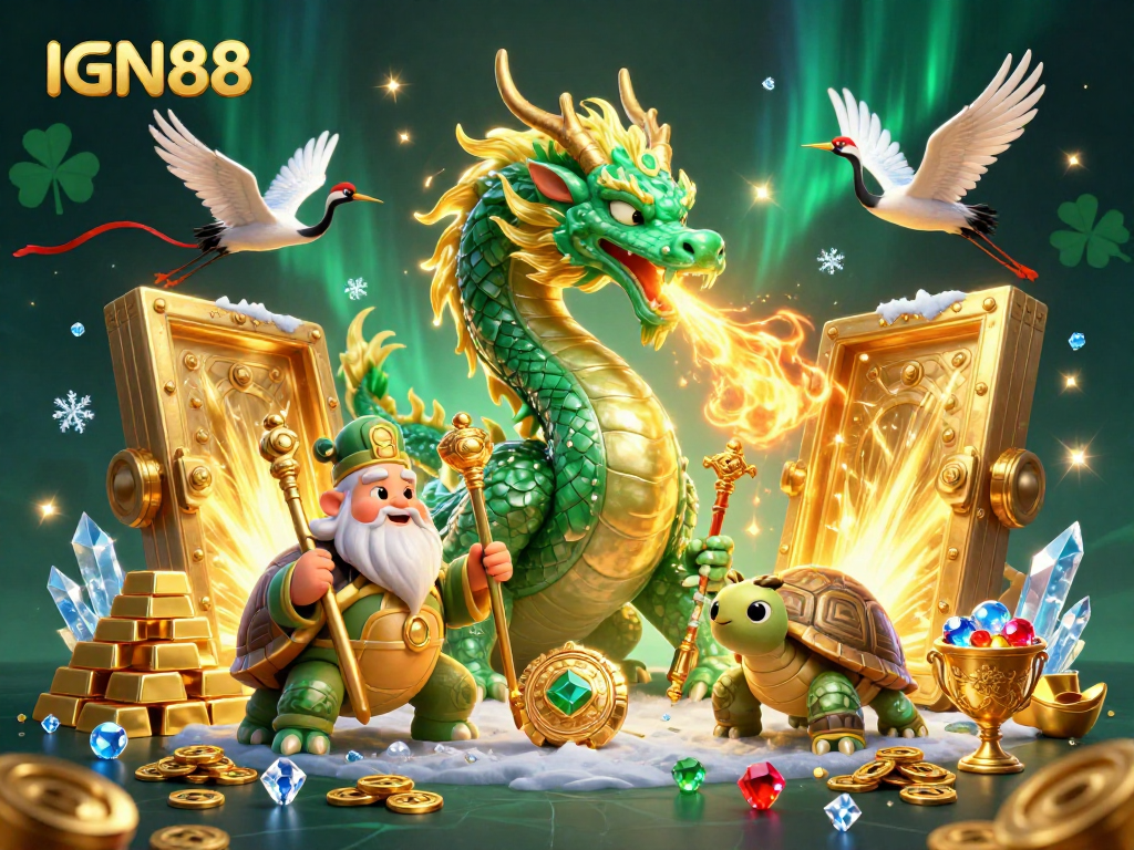 Experience the thrill of games at IGN88 with a vibrant dragon, turtle sage, and lucky cranes.