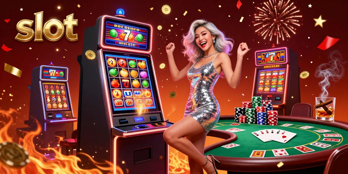 Spin the slot machine with excitement as golden coins burst from its jackpot, celebrating big wins in a lively casino.