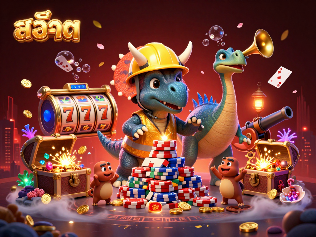 Celebrate สล็อต wins with a triceratops building poker chips and festive characters