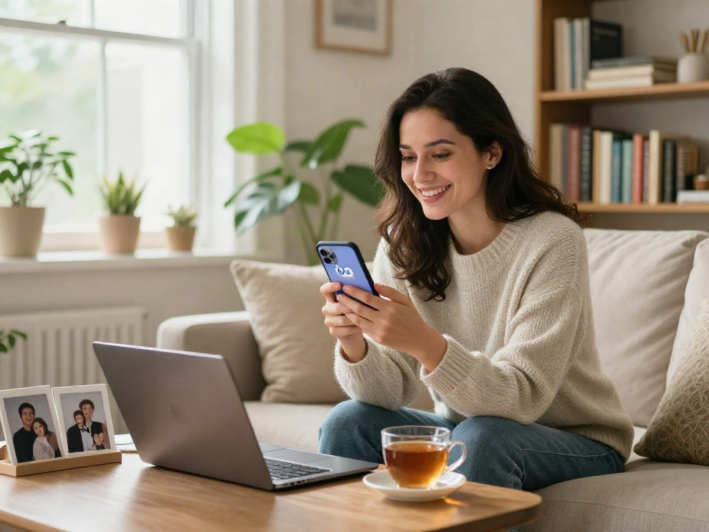 Woman excitedly discovering how old do I look using an age estimator app in a cozy living room.
