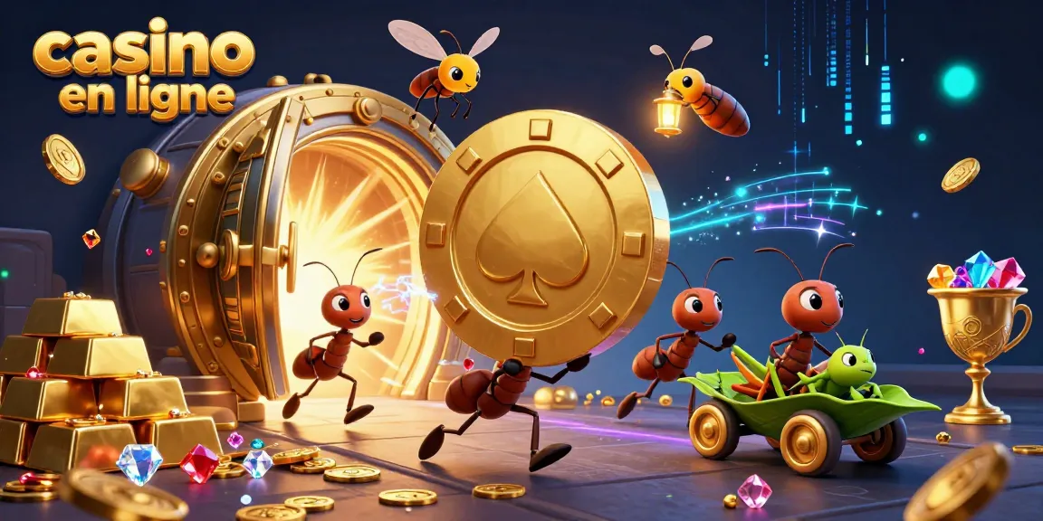 Les fourmis de casino en ligne transportent une puce de poker dorée dans une scène de jeu animée.