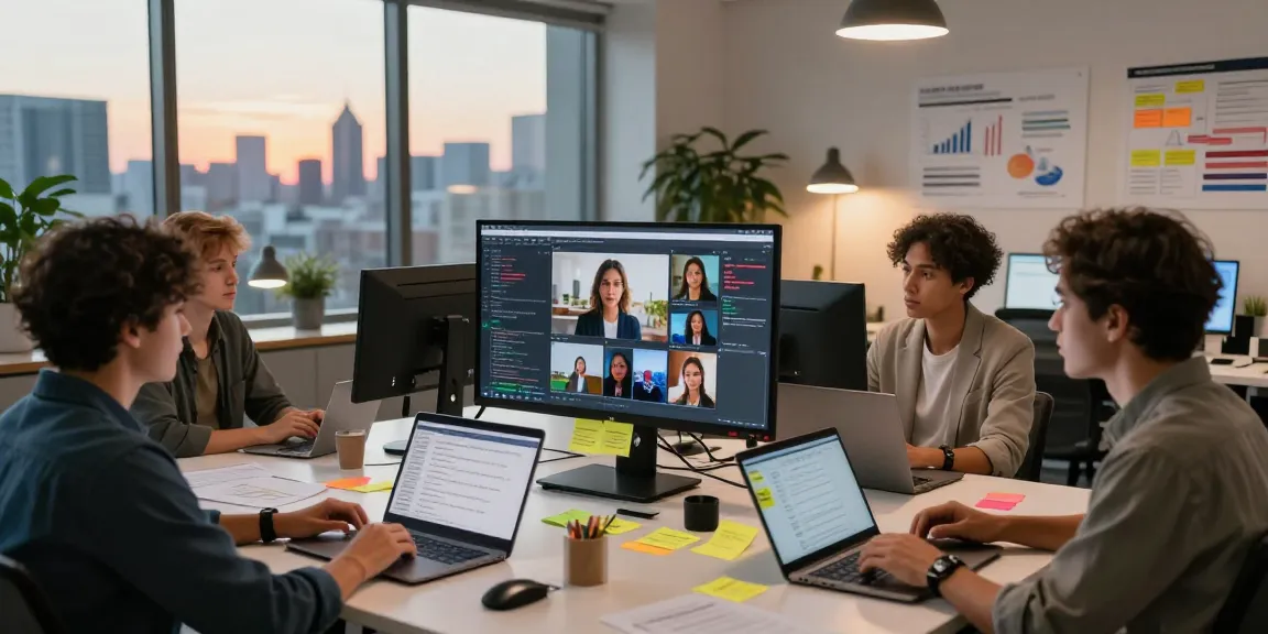 Content moderators using ai detector software to analyze images in a vibrant tech workspace.