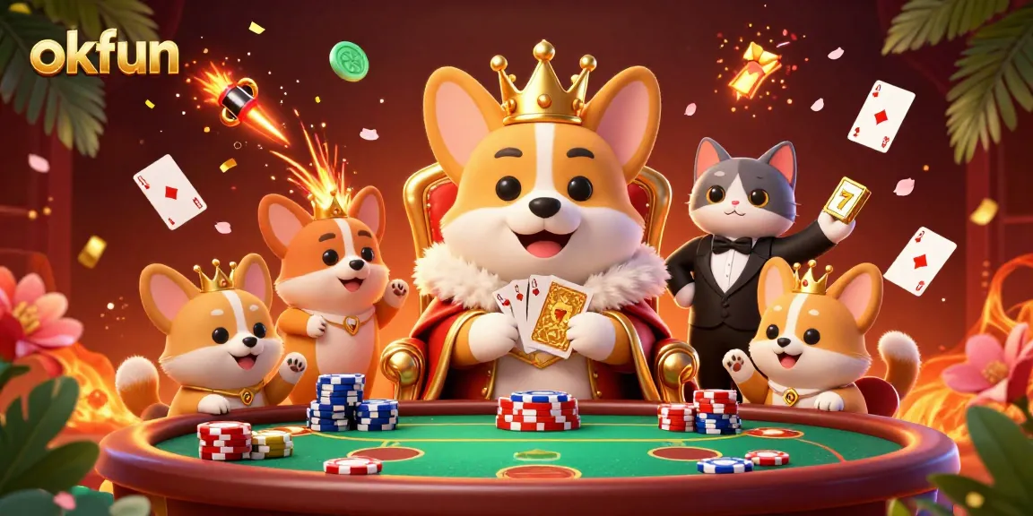 Entertain with okfun's online gaming, showcasing a royal corgi on poker chips and vibrant casino elements.
