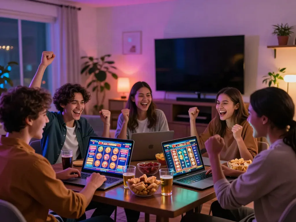 Grup teman merayakan kemenangan bermain slot777 online di ruang tamu yang nyaman.