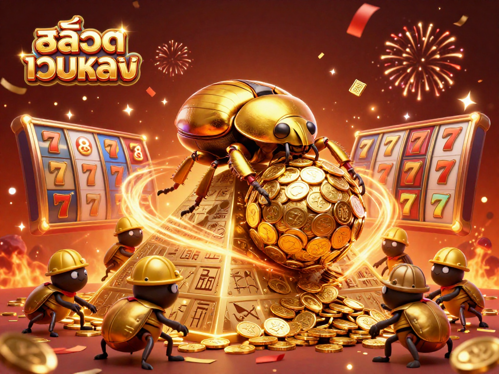 Experience exciting gameplay with สล็อตเว็บตรง featuring a golden beetle rolling coins in a lively casino scene.
