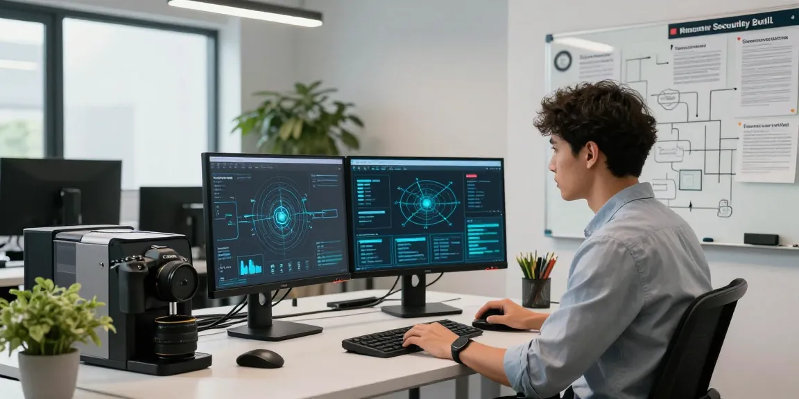 快连 cybersecurity office with IT specialist monitoring network security and threat alerts on dual monitors, creating a modern workspace.