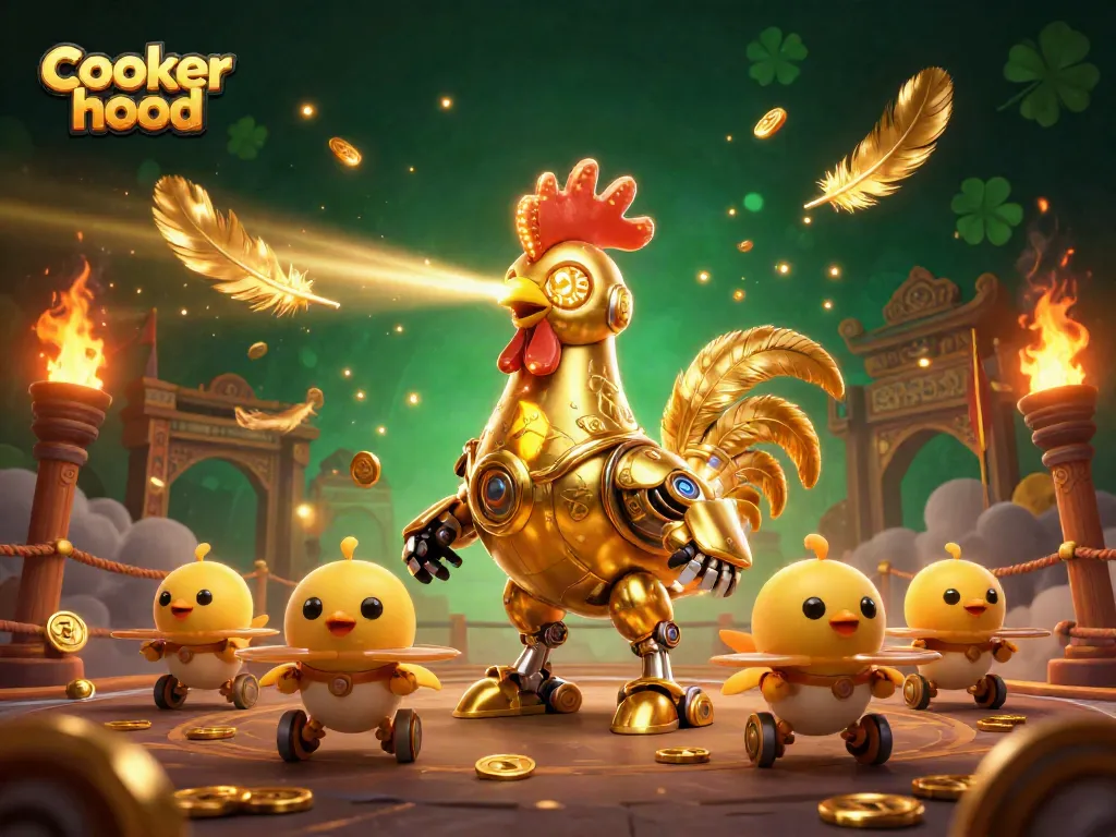 Engage with our dynamic cooker hood illustration featuring vibrant gambling elements and a golden rooster robot.