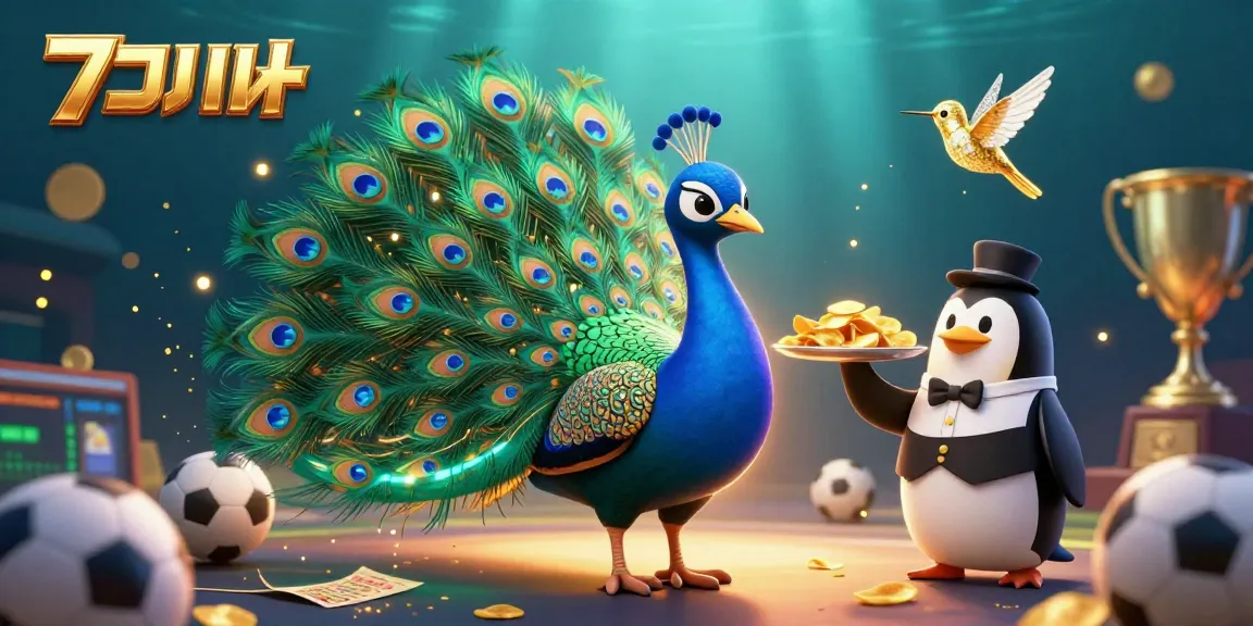 Engage in thrilling แทงบอล with a vibrant 3D scene of a majestic peacock, a butler penguin, and a golden hummingbird.