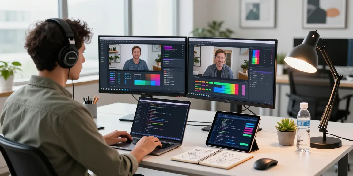 AI specialist generating video to prompt efficiently in a modern workspace filled with tech elements and video analysis tools.
