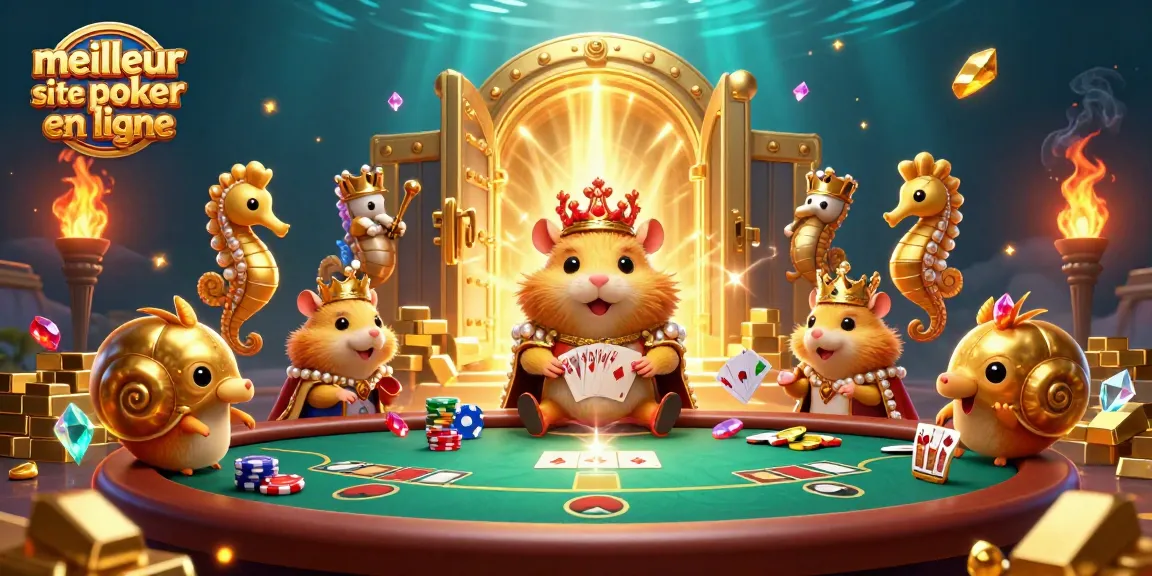 Découvrez le meilleur site de poker en ligne avec notre roi hamster entouré de gardes s'élevant en perles et de compagnons nautilus.