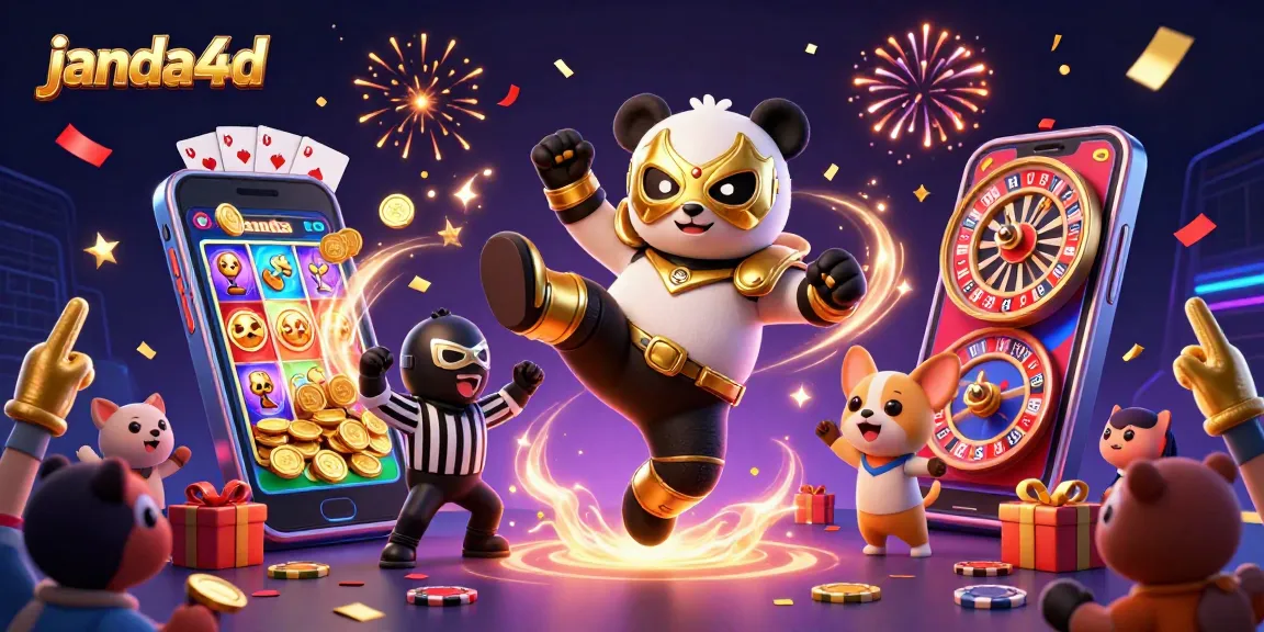 Janda4D menampilkan slot seru dengan panda pegulat beraksi dan koin emas jatuh.