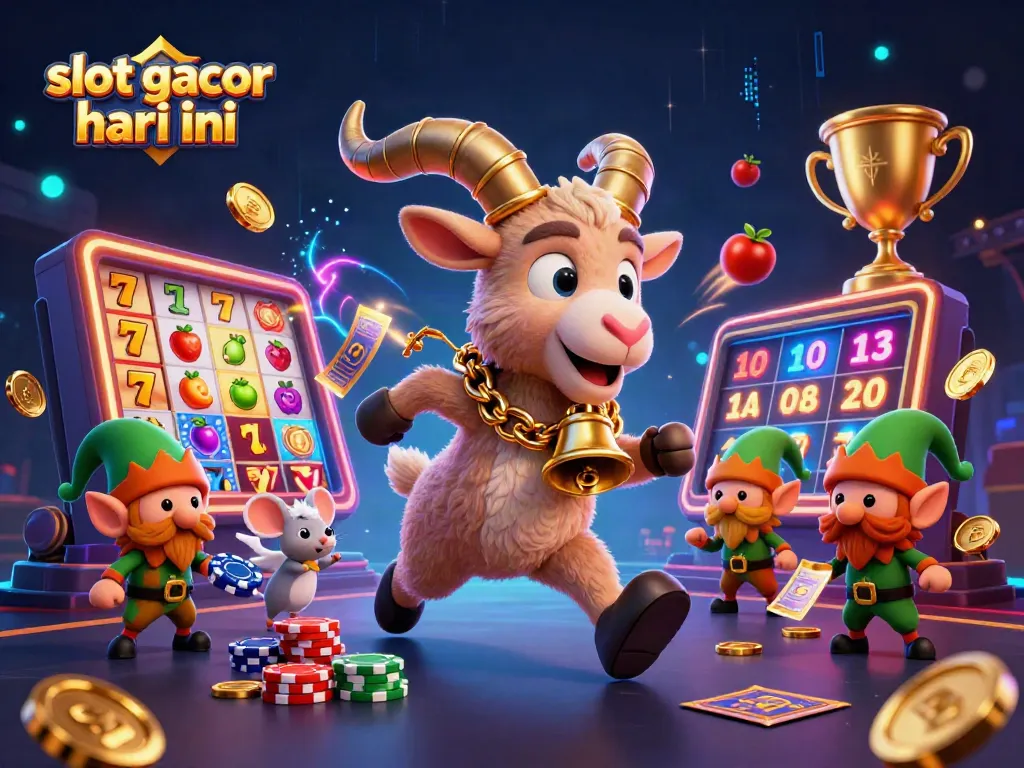 Permainan slot gacor hari ini di kasino, dengan karakter lucu menambah suasana.