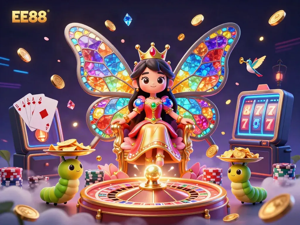 Experience the vibrant world of EE88 with a 3D butterfly queen surrounded by casino elements, spinning roulette, and golden coins.