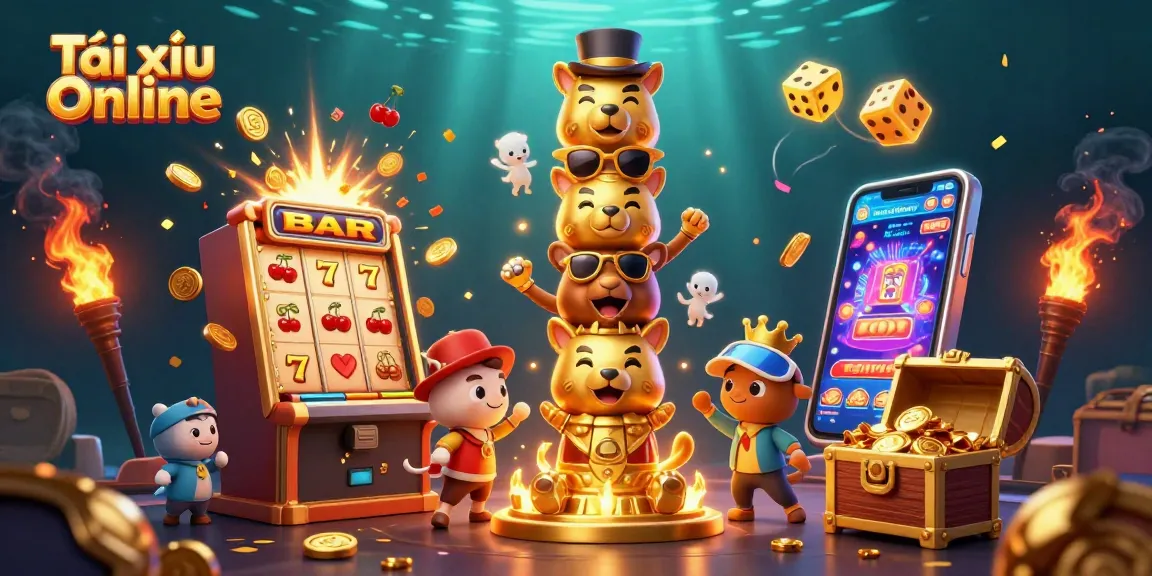 Tài xỉu Online wins with vibrant casino action, showcasing a dynamic 3D illustration of casino elements.