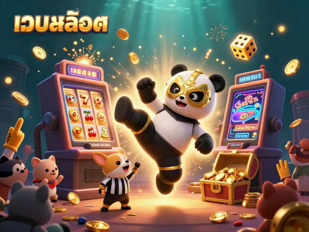 Engaging scene of เว็บสล็อต with an animated panda wrestler, slot machine, and cheering animal spectators celebrating casino wins.