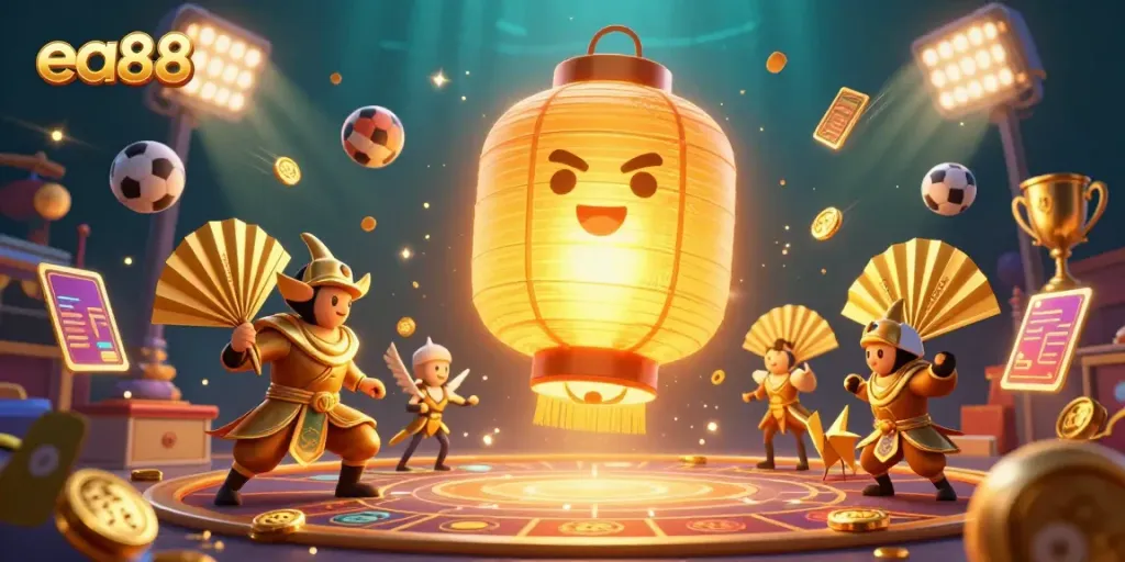 Engage with the thrilling world of ea88 as sports balls and golden spirits animate an exciting casino scene.