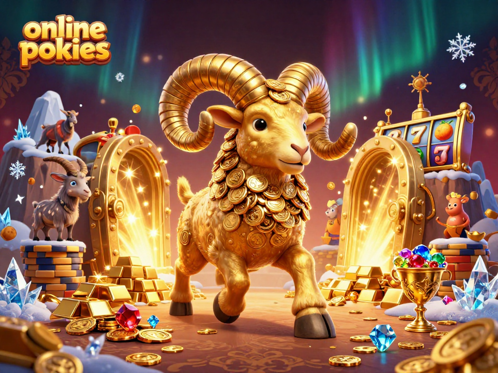 Engaging 3D illustration showcasing online pokies with a golden ram, treasure elements, and vibrant gaming symbols.