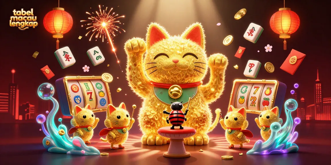 Engage with tabel macau lengkap in this vibrant casino-themed illustration, showcasing a dynamic lucky cat and casino symbols.