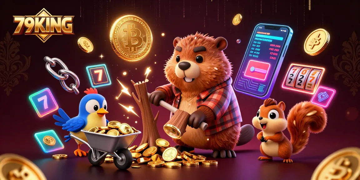 Experience the excitement of 79KING through a vibrant casino-themed illustration showcasing slot machines and golden coins.