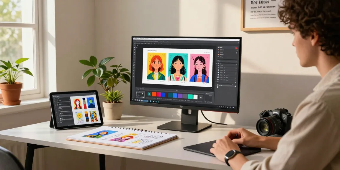 Designer using the Nano Banana AI image editor, creating vibrant graphics in a bright workspace.