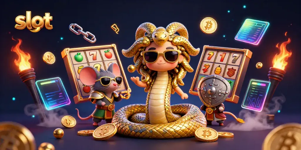 Invoke thrilling slots action with a lively scene showcasing slot reels and playful characters.