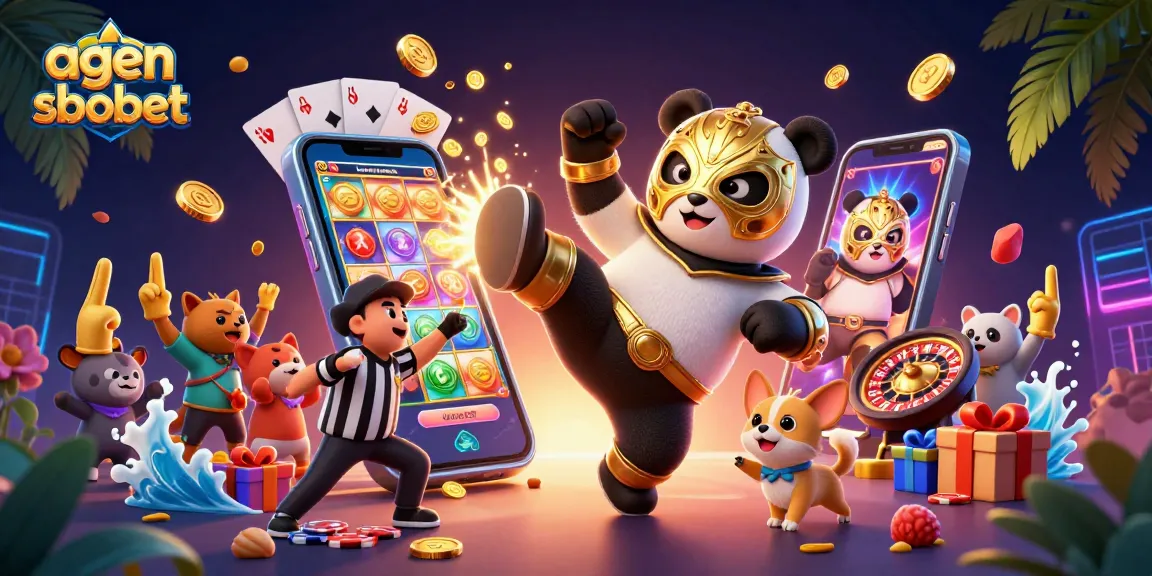 Experience thrilling gaming action with agen sbobet featuring a panda wrestler and dynamic casino elements.