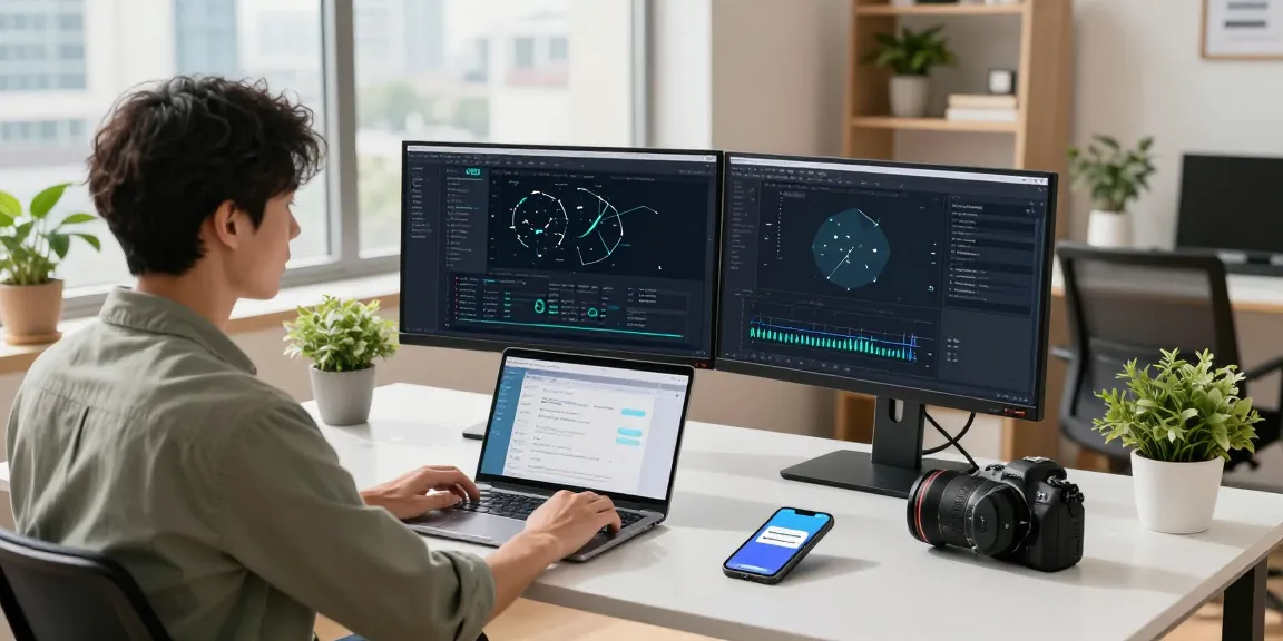 快连 network optimization software in a modern tech workspace while a developer analyzes performance metrics and coding on dual monitors.