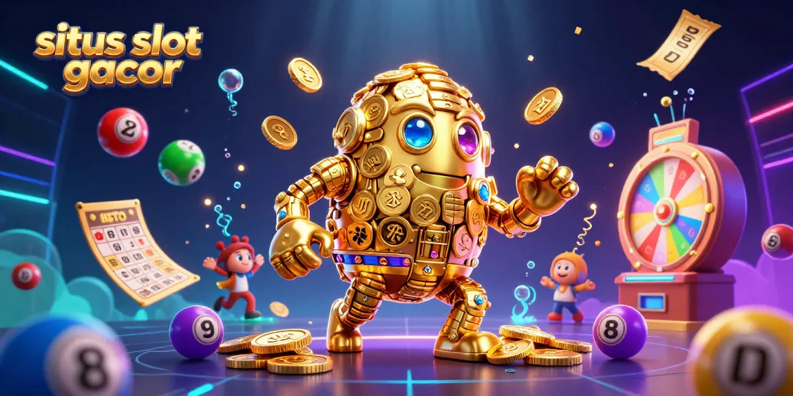Engage with situs slot gacor in a vibrant scene showcasing a golden golem and dynamic lottery elements.