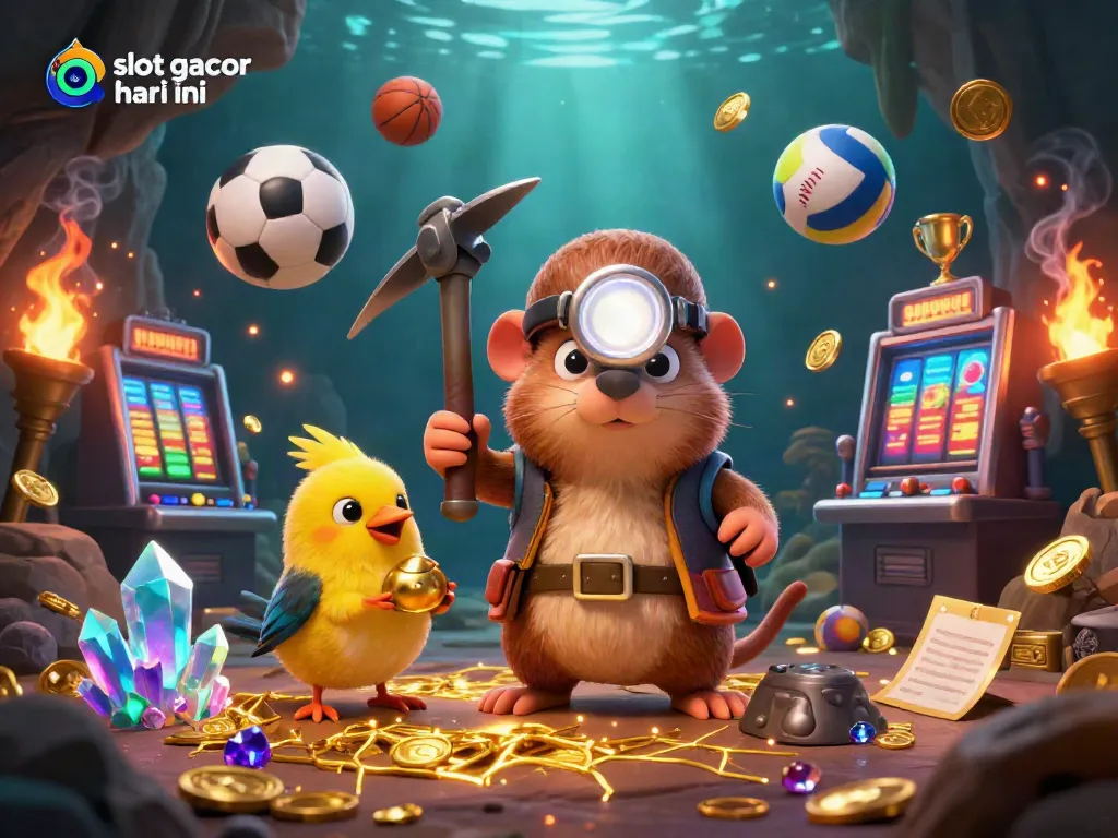 Menangkan slot gacor hari ini dengan suasana penuh kegembiraan dari karakter kartun yang menggali harta karun dan simbol permainan mengelilingi mereka.