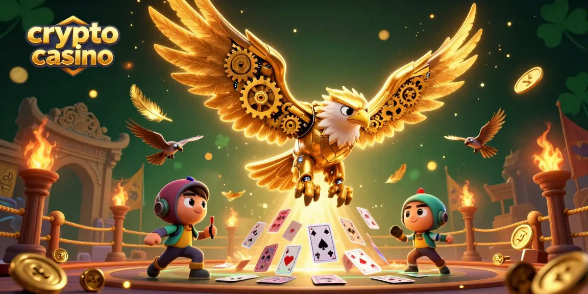 Jouer sur un crypto casino avec un aigle cybernétique doré plongeant à travers des cartes holographiques.