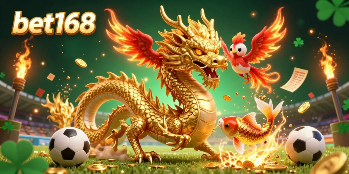 Experience the thrill of betting at bet168 with a vibrant illustration featuring a golden dragon, phoenix, and koi fish amidst dynamic sports betting elements.